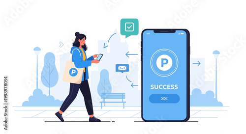 Woman using mobile app for parking success, urban park background, technology concept