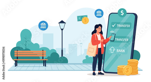 Woman using mobile banking app for online money transfer in a park setting