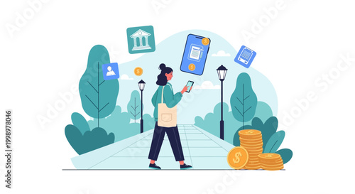 Woman using mobile banking app in park with coins and bank icon