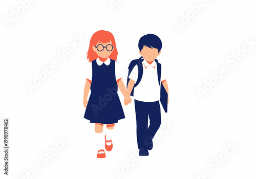Back to School Illustration: Little Boy and Girl Students in Uniforms Holding Hands and Walking Together, Isolated Vector Art
