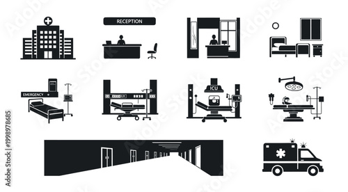 medical facility icons set on transparent background