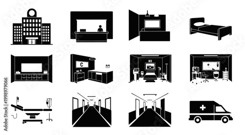 medical facility icons set on transparent background