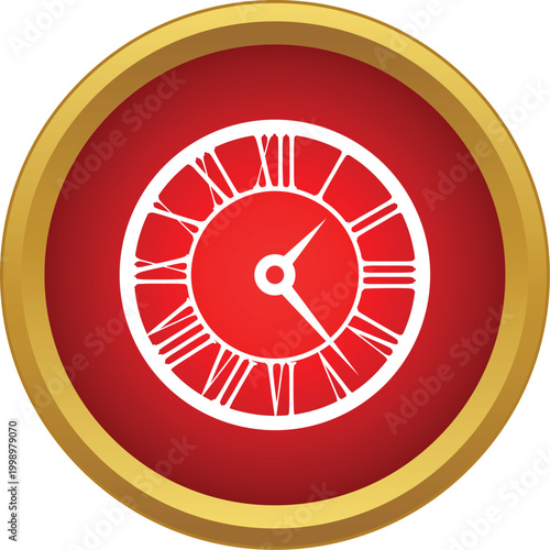 Round red button with a white clock face and roman numerals