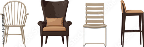 Chair furniture collection with wooden armchair dining seat and bar stool in interior vector illustration set
