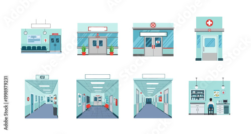 hospital rooms and departments illustrations on transparent background