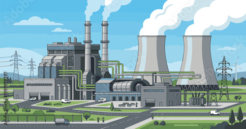 An industrial nuclear power station with cooling towers releases steam into the sky, providing electricity while contrasting with global environment concerns regarding factory smoke and air pollution
