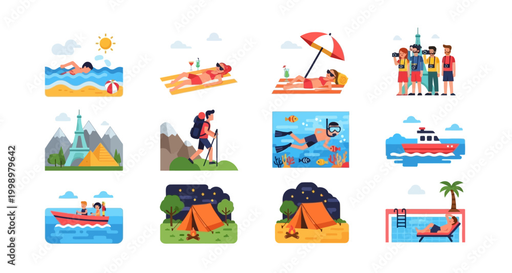 Naklejka premium travel and vacation activities icons on transparent background