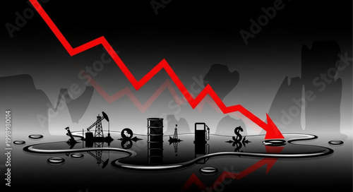 Oil price crash graph with falling red line and oil derricks.