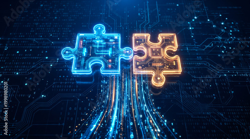 Two futuristic digital puzzle pieces, one blue and one orange, connect seamlessly against a glowing circuit board background.