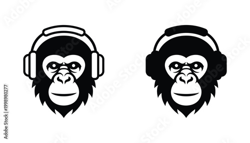 Monkey wearing headphones icon set in outline and solid black graphic styles for music streaming apps and entertainment industry branding isolated on white