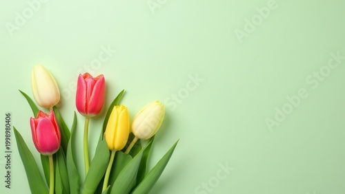 mothers day tulips and pussy willow on light green background top view with copy space