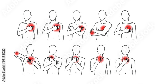 Illustrative depiction of individuals experiencing varying locations of chest and upper body pain high quality