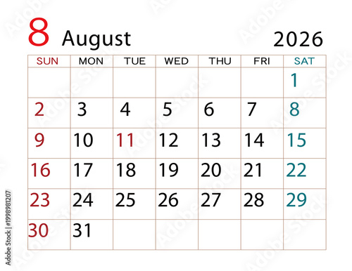 2026年カレンダー　8月