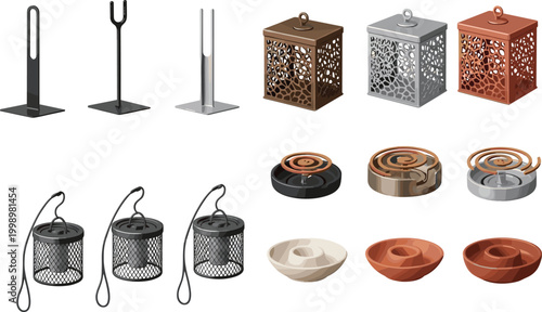 Diverse Mosquito Coil Holder Vector Set Featuring Various Styles of Metal Stands Decorative Boxes and Hanging Burners Isolated on White Background for Household Use