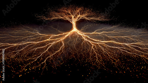 Bright Energy Tree with Golden Roots and Lightning Branches in Darkness