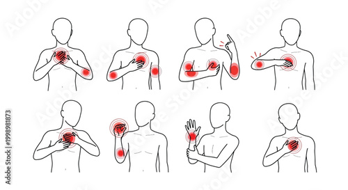 Illustrative depictions of human figures experiencing pain in various locations on their upper bodies