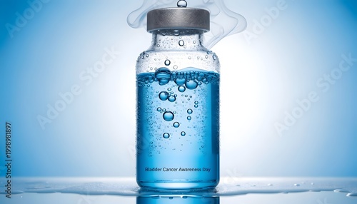 Blue liquid medical vial with water bubbles for health awareness and laboratory research