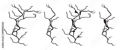 Paint wall crack effect vector set on transparent background. Isolated cleft pattern brush for grunge destruction design. Old plaster or stucco scratch edge shape realistic texture collection