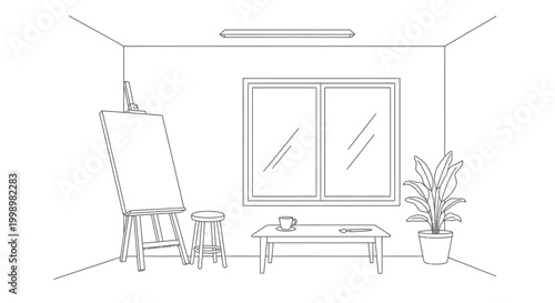 Minimalist artist studio interior with easel and stool line art