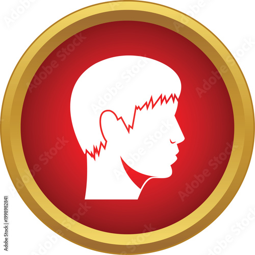 White silhouette of a man's head experiencing pain within a red and gold button