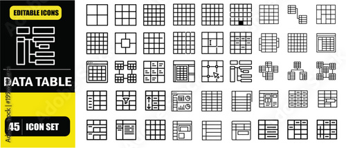 Data Table Icon Set – Database Grid, Structured Data, Spreadsheet Interface, Information Management and Data Organization Line Icons – Thin Line Editable Stroke Vector Illustration for UI UX, Web, App
