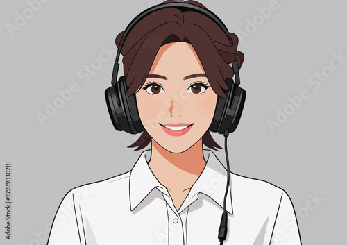 Professional female broadcaster wearing headphones and white shirt