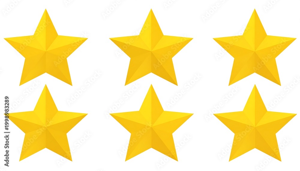 Obraz premium Six golden, three-dimensional stars arranged in two rows on a stark white background. Each star is a five-pointed polygon
