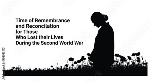 silhouette of woman standing among poppies with remembrance text high quality