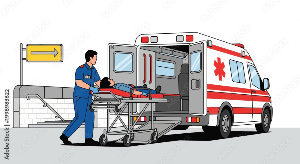 Fototapeta premium Paramedic loading patient on stretcher into ambulance outside hospital