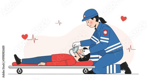 Paramedic performing CPR on patient on stretcher, medical emergency, life saving