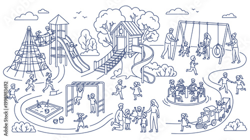 Children playing joyfully at colorful vibrant playground fun zone.