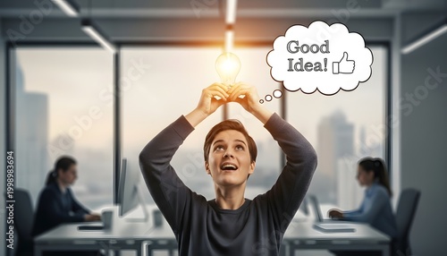 Creative Business Idea Concept with Light Bulb Inspiration and Thought Bubble in Modern Office