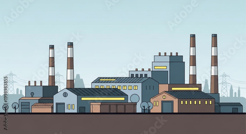 Modern Industrial Factory Buildings with Tall Smokestacks.