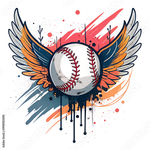 Baseball with Wings Grunge Art Illustration - Dynamic Sports Design on transparent  background