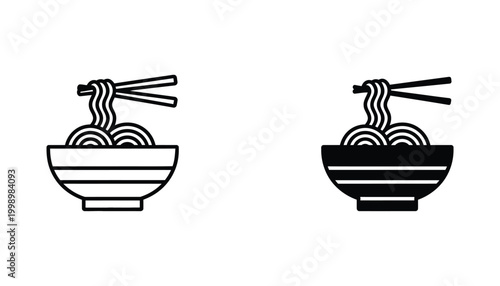 Noodle bowl icon set featuring minimal line art and solid black silhouette designs for restaurant branding or food delivery apps showing ramen or pasta in a bowl with chopsticks for asian cuisine