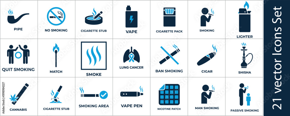 Εκτύπωση καμβά Smoking and Tobacco Awareness Vector Icons Set with Cigarette, Vape and No Smoki