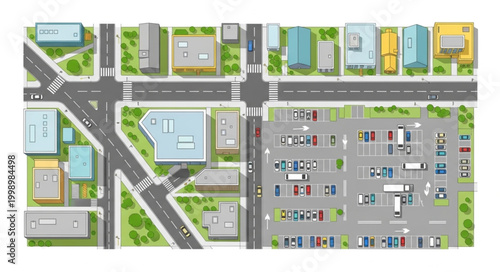 Aerial view of a city intersection with buildings and a parking lot.
