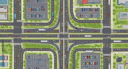 Aerial view of a busy urban intersection with traffic and buildings.