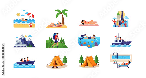 travel and vacation icons set on transparent background