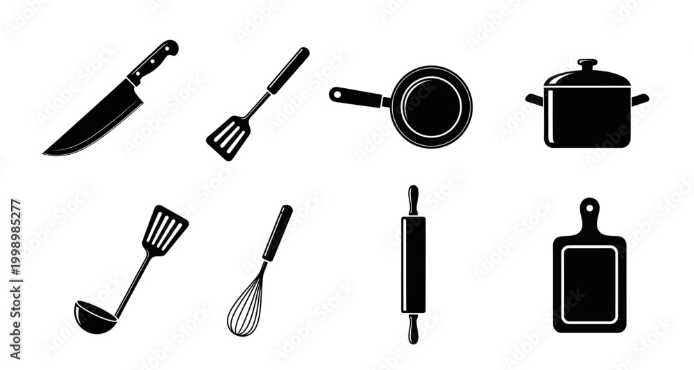 Obraz premium set of kitchen utensils silhouettes on transparent background