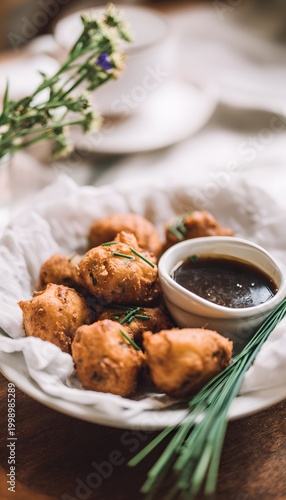 Brazilian acarajé fritters a vibrant plate of traditional food with fresh herbs and dipping sauce
