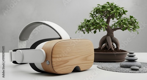 Modern Virtual Reality Headset with Wooden Design and Zen Workspace Setup
