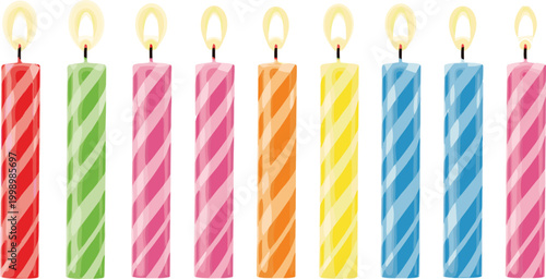Colorful birthday candles set with flames striped party candles vector illustration festive celebration decoration for cake design