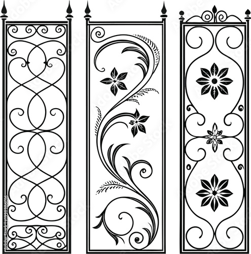 Ornate black wrought iron gate and fence featuring a vintage floral design with gold leaf ornaments and antique metal swirl patterns in a seamless vector illustration frame