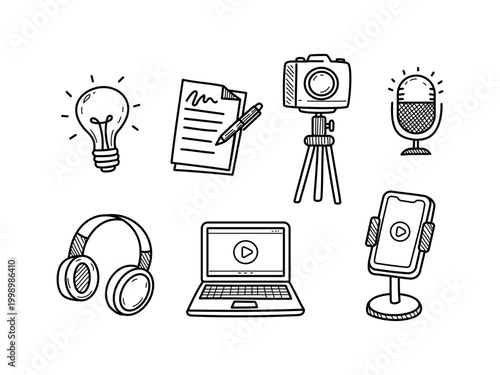 Content creator doodle elements with black and white color