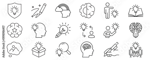 Inspiration and Brainstorm line editable icons set. Containing imagination, idea, brainstorm, creative, innovation, thinking, and more. Editable stroke. Vector illustration