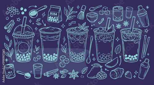 American Drink Vintage 1930s Rubber Hose Style Boba Milk Tea and Bubble Tea Ingredient Doodle Set