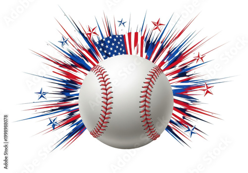 American baseball with red, white, and blue starburst and flag design elements on transparent background