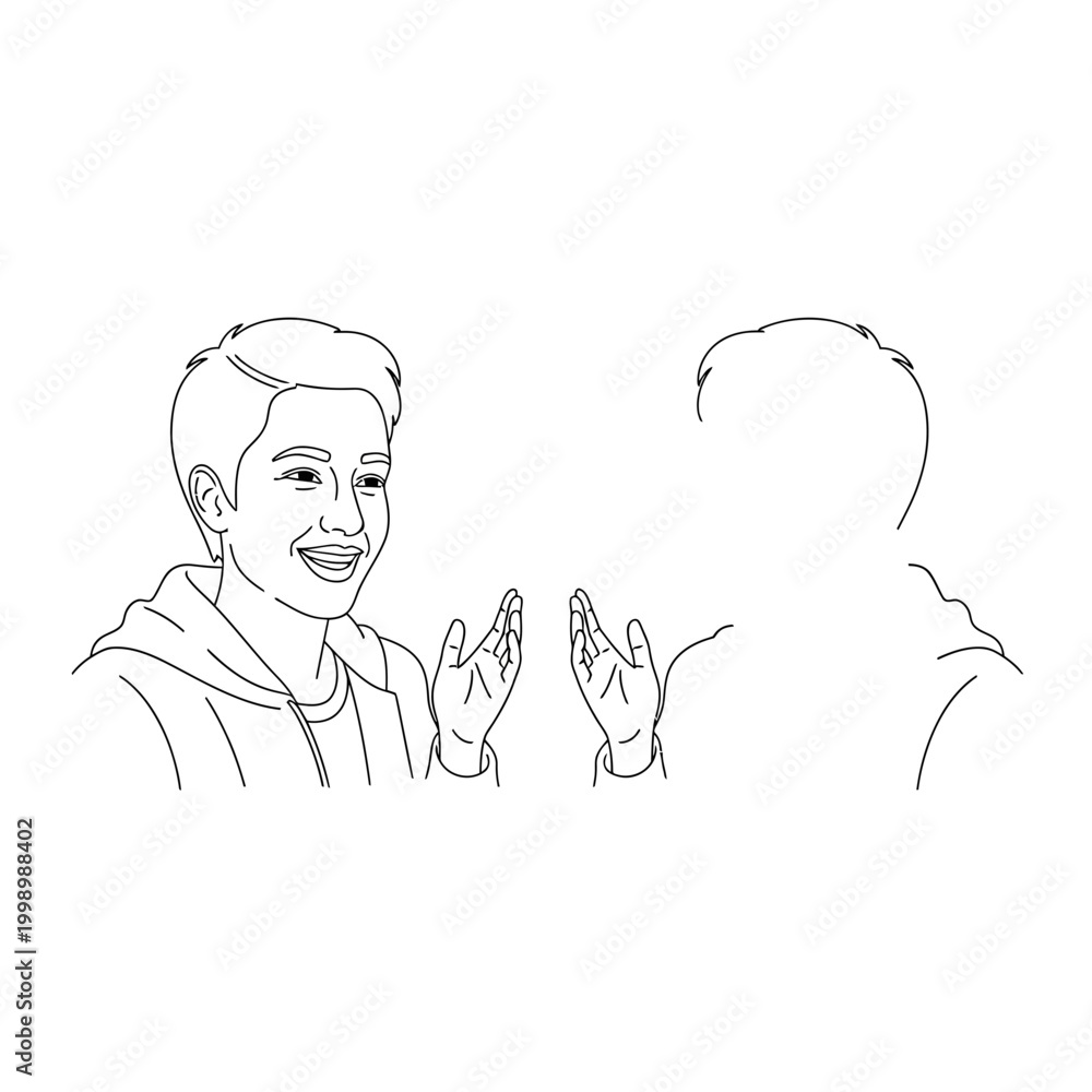 Obraz premium Vector illustration of two people communicating, conversation icons, chat signs, line art style