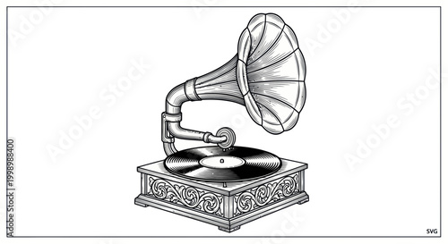 Vintage Gramophone with Horn and Record